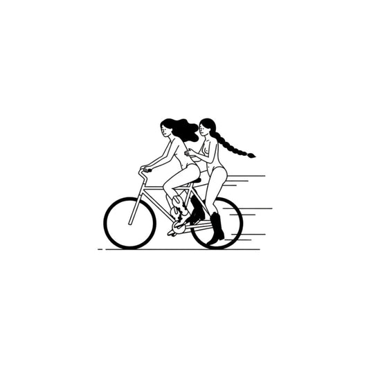 Black line art temporary tattoo design of two women riding a bicycle together minimalist style.