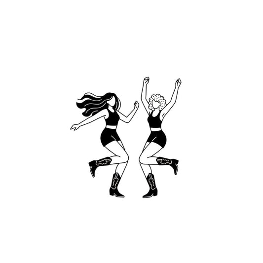 Line art illustration of two joyful dancing girls wearing cowboy boots for temporary tattoo design.
